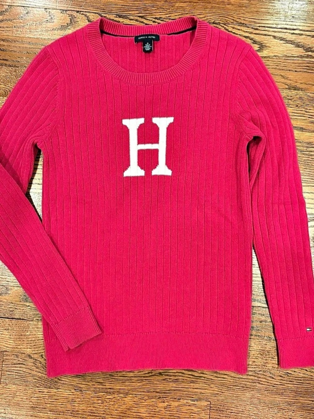 Tommy Hilfiger Ribbed 'H' Logo Crewneck Sweater Pink